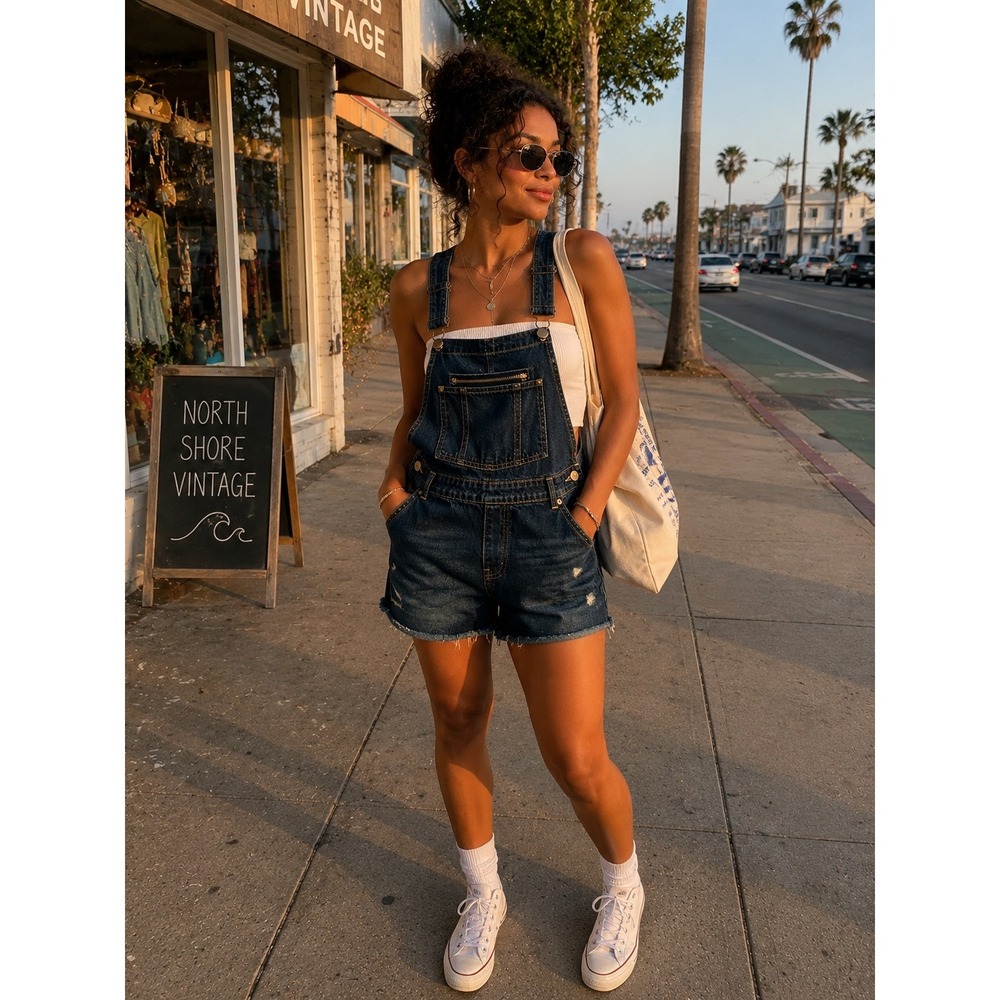 Janina Denim Overalls Shorts Womens 42 Dark Blue Excellent Distressed Shortalls